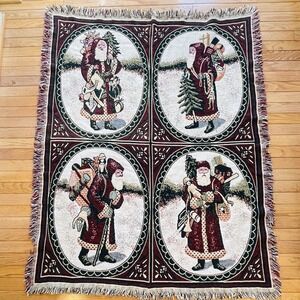 Vtg Tapestry Throw Blanket Christmas Mr Santa Claus Cotton 50x60 READ